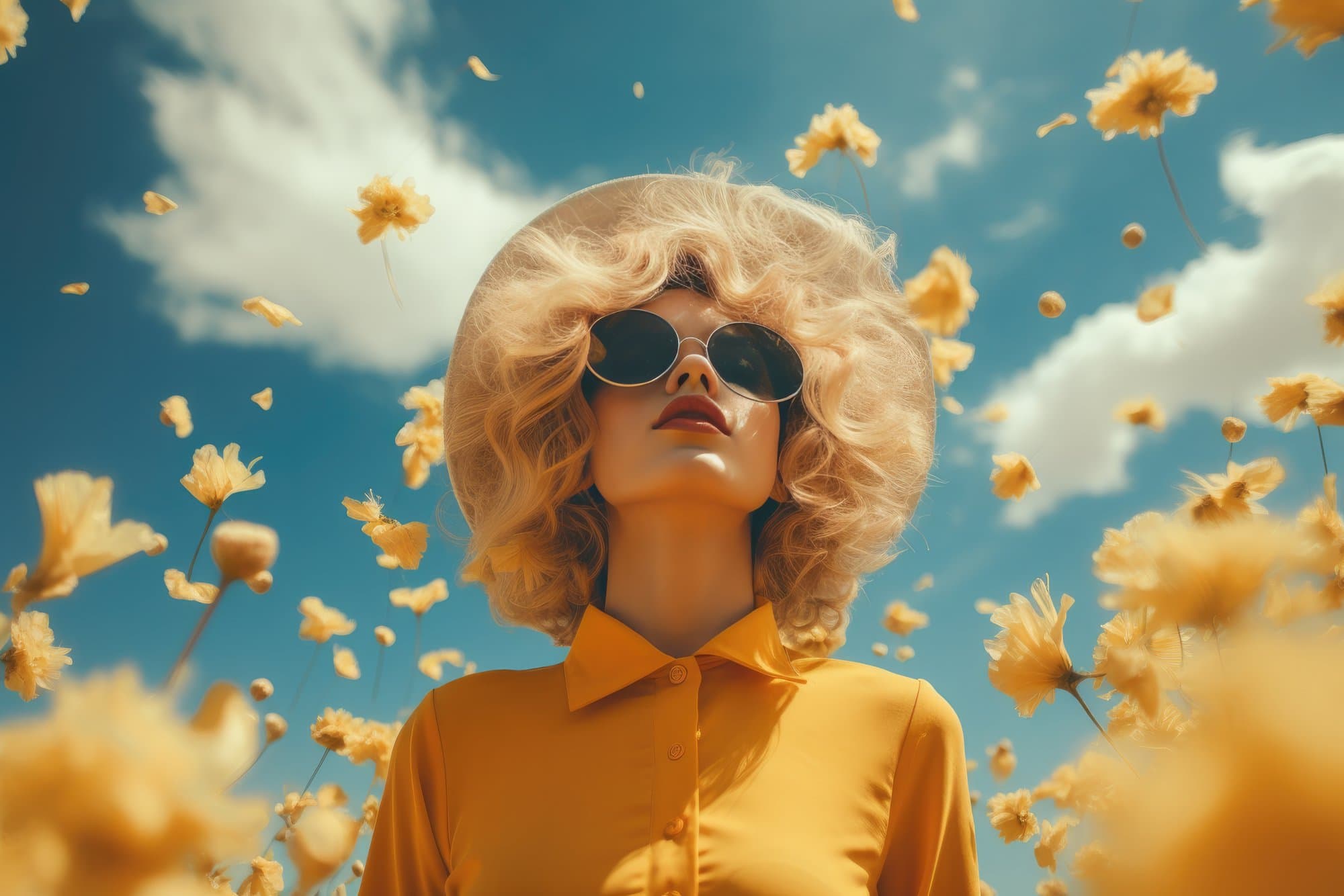Woman wearing sunglasses in flower field