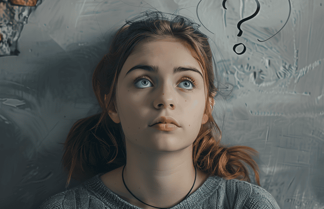 Things to help anxiety. Young woman looking anxious with question mark on wall next to her.
