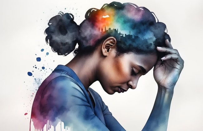ai generated lady, hand to head. Can hypnosis help with depression?