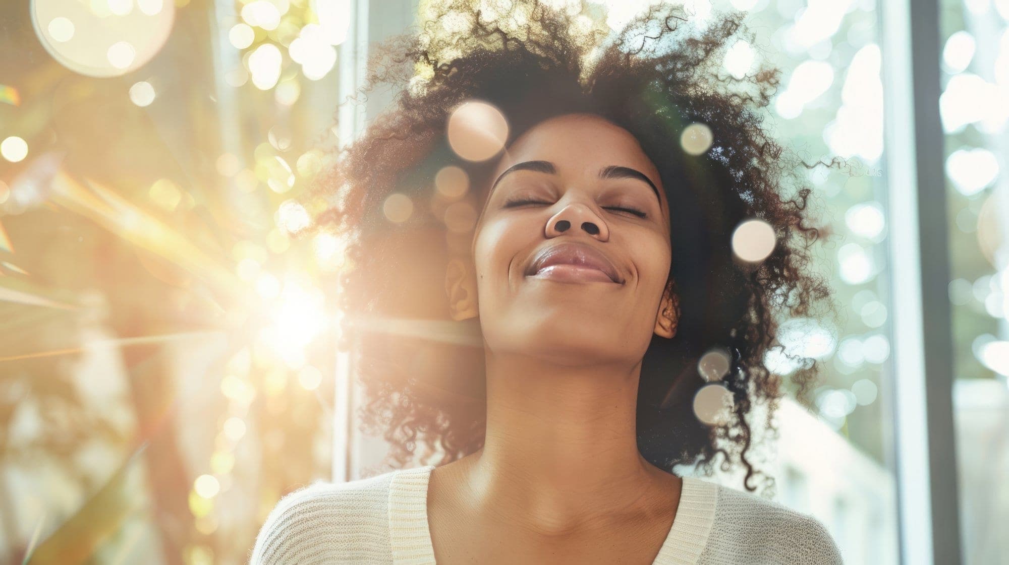 woman looking happy, joyful, having good thoughts