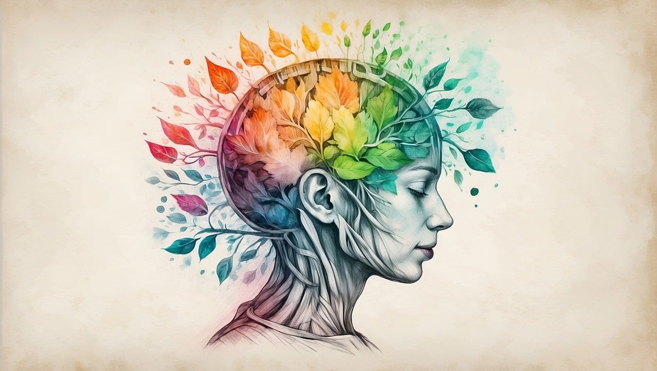 Woman's head with colourful leaves. OCD holistic approach