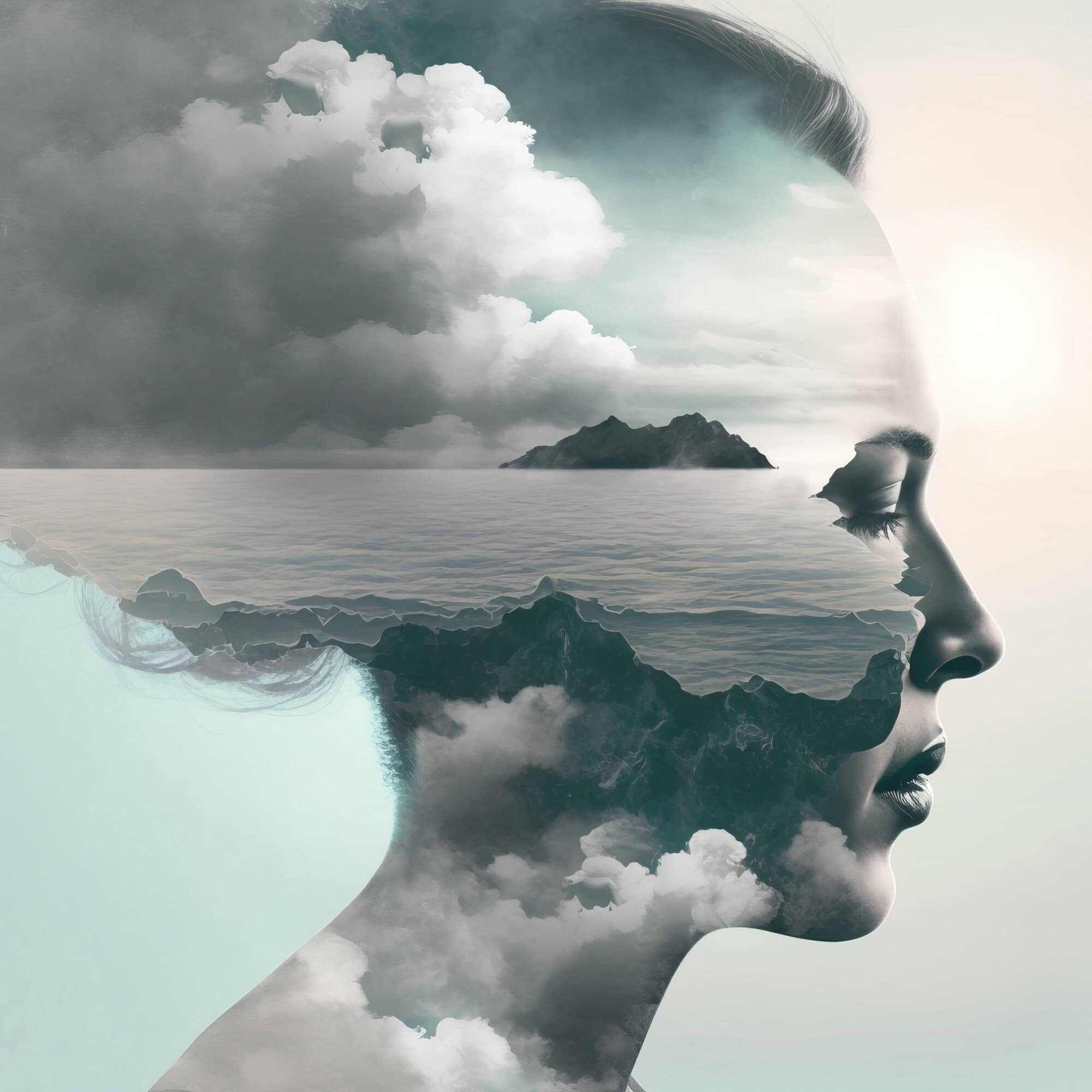 Double exposure of a woman's profile with the sea and clouds