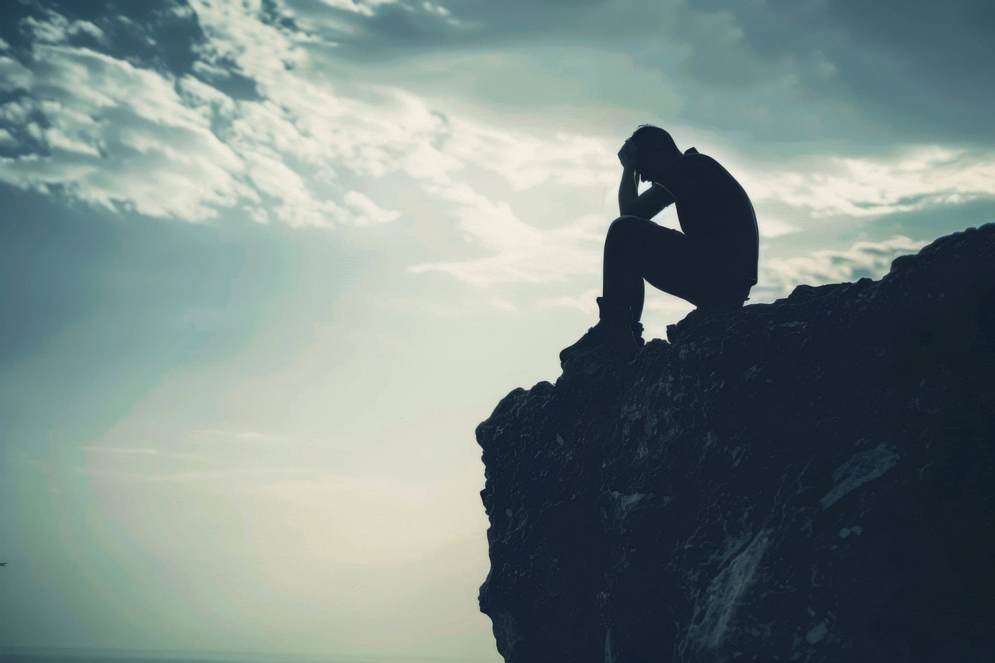 Man sitting on edge of cliff. Health anxiety