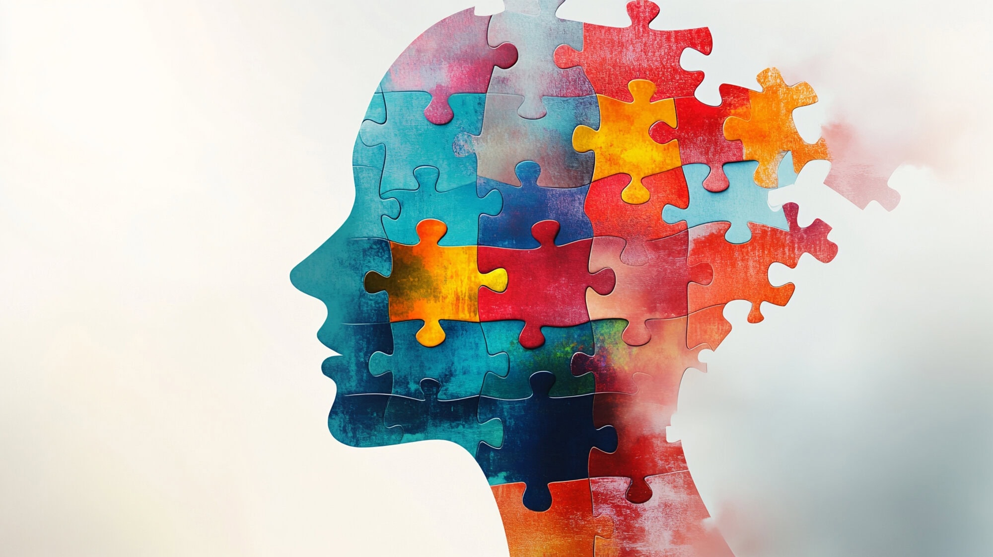 Colourful human head with puzzle pieces symbolising mental health