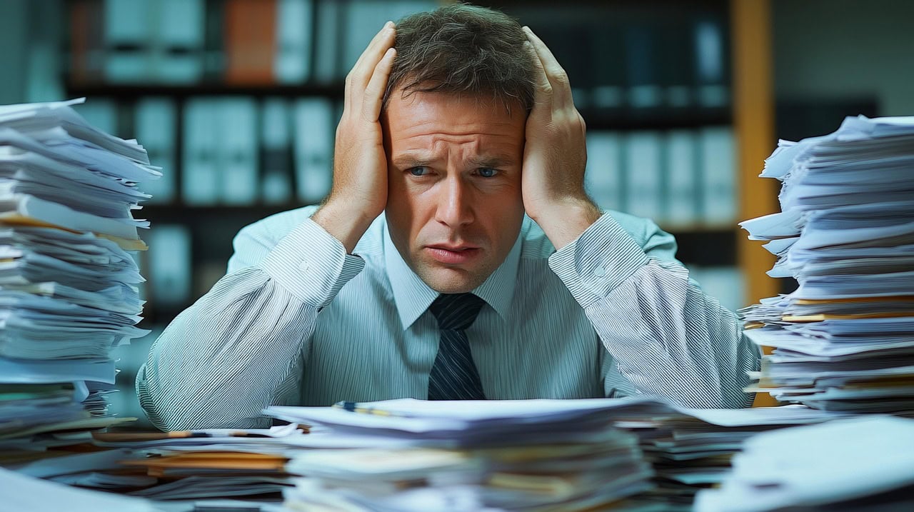 A man sitting at a desk with papers piled up looking stressed and anxious