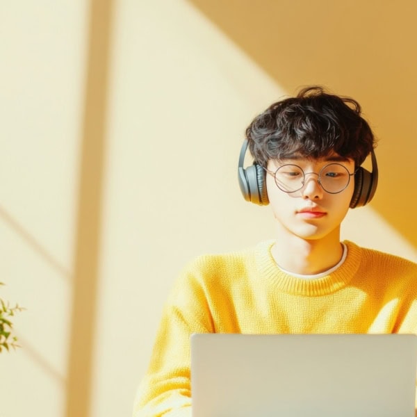 A man having online therapy for depression on a laptop in a sunlit room with a yellow background
