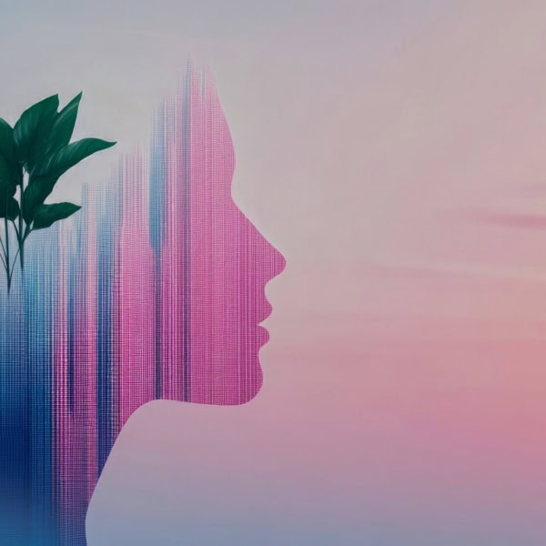 Surreal young female silhouette at sunset with a green plant toward the back of her head symbolising the growth you can get with NLP and hypnotherapy combined