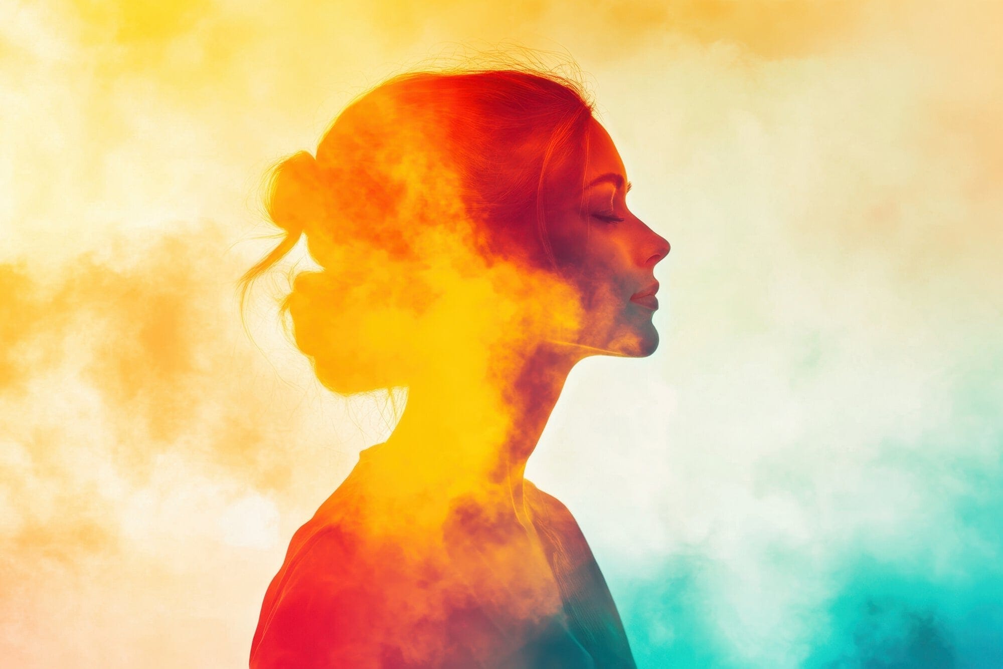 Silhouette of a woman embodying empowering positive energy amidst vibrant colours and soft smoke